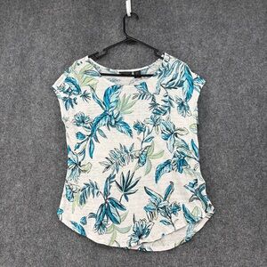 Tahari White Green Leaf Floral Short Sleeve Top Women’s Large Casual Tropical